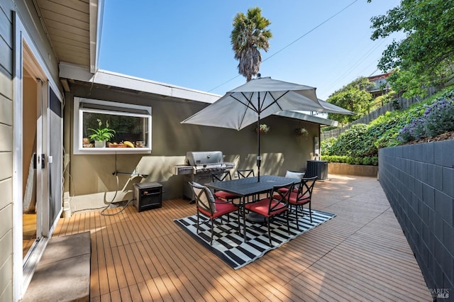 90 Corte Placida, Greenbrae, CA 94904 - deck featuring outdoor dining area, central air condition unit, fence, and grilling area