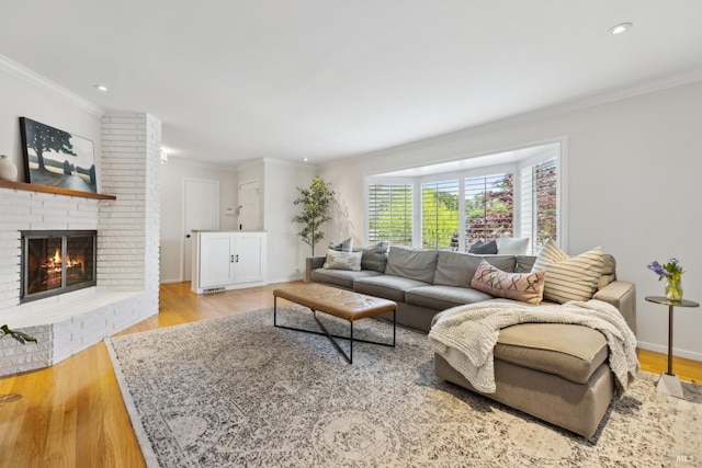 90 Corte Placida, Greenbrae, CA 94904 - living room with wood finished floors, a brick fireplace, ornamental molding, baseboards, and recessed lighting