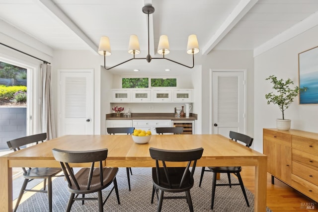 90 Corte Placida, Greenbrae, CA 94904 - dining room with light wood-style floors, wine cooler, and beamed ceiling