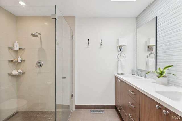 90 Corte Placida, Greenbrae, CA 94904 - full bath with a stall shower, baseboards, double vanity, and tile patterned floors