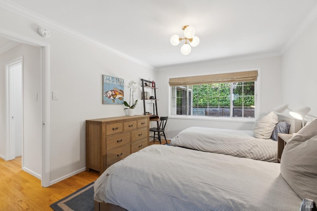 90 Corte Placida, Greenbrae, CA 94904 - bedroom with crown molding, light wood finished floors, baseboards, and a chandelier