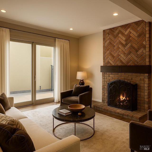 935 Hunt Ave, Saint Helena, CA 94574 - living room featuring wood finished floors, ornamental molding, recessed lighting, a fireplace, and baseboards