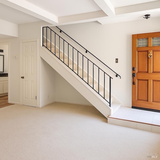 935 Hunt Ave, Saint Helena, CA 94574 - staircase with carpet flooring, beamed ceiling, and baseboards
