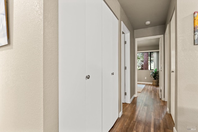 hallway with baseboards and dark wood-style floors