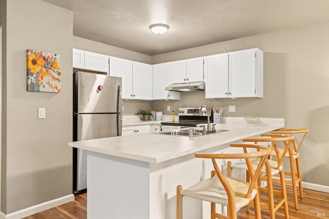 kitchen featuring a sink, stainless steel appliances, baseboards, a peninsula, and under cabinet range hood