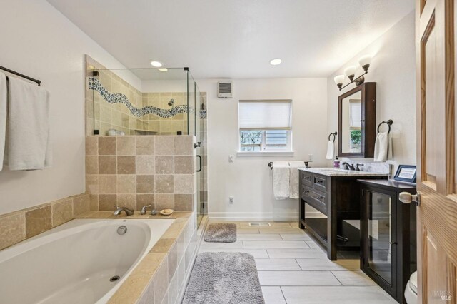 1 Joaquin Patio, Stinson Beach, CA 94970 - full bath featuring a bath, visible vents, a stall shower, vanity, and recessed lighting