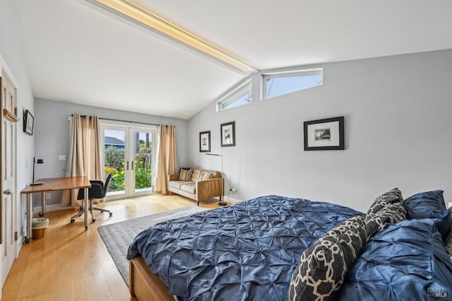 1 Joaquin Patio, Stinson Beach, CA 94970 - bedroom with vaulted ceiling with beams, access to outside, french doors, and light wood-type flooring
