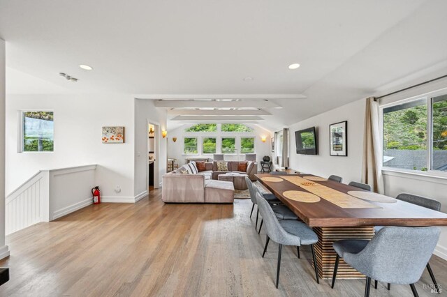 1 Joaquin Patio, Stinson Beach, CA 94970 - dining space with recessed lighting, baseboards, lofted ceiling, and light wood-type flooring