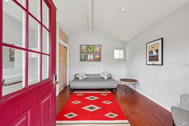 1 Joaquin Patio, Stinson Beach, CA 94970 - sitting room with baseboards, dark wood finished floors, and vaulted ceiling with beams