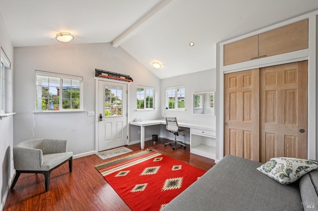 1 Joaquin Patio, Stinson Beach, CA 94970 - bedroom with baseboards, dark wood finished floors, lofted ceiling with beams, and built in study area