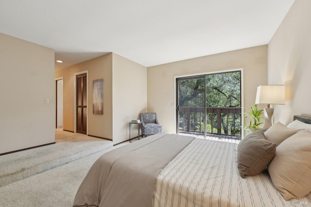 bedroom featuring baseboards, access to exterior, and light carpet