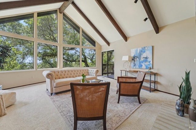 carpeted living room with high vaulted ceiling, beam ceiling, and baseboards