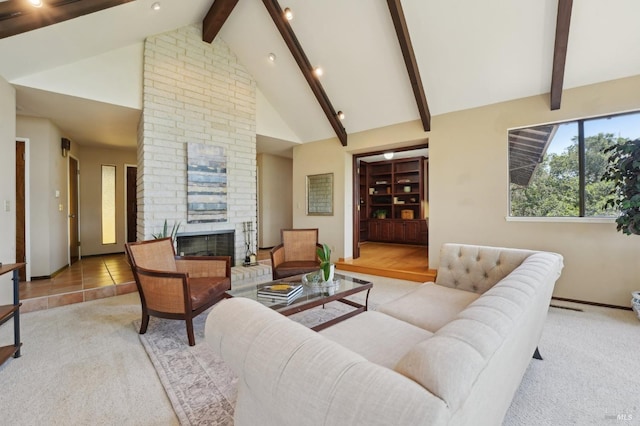 living area featuring baseboards, carpet flooring, a fireplace, beam ceiling, and high vaulted ceiling