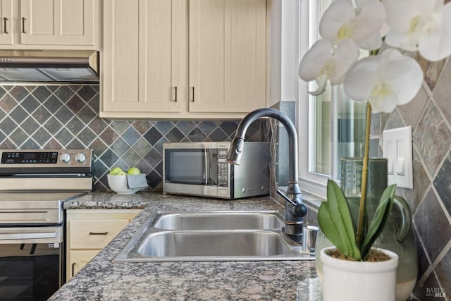 kitchen featuring a sink, stainless steel electric range, tasteful backsplash, light brown cabinetry, and ventilation hood