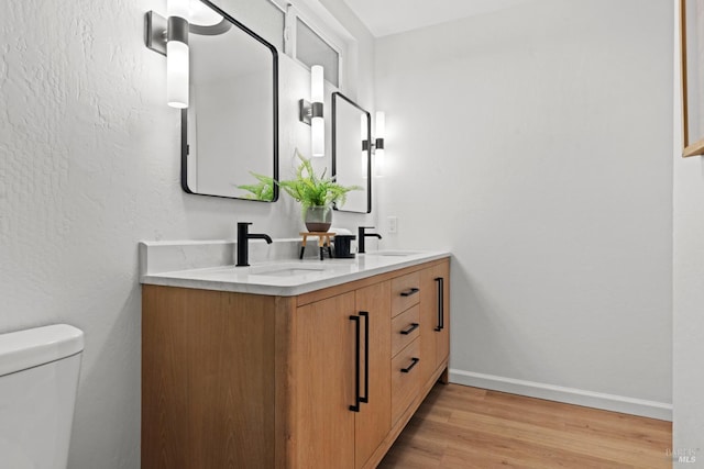 bathroom with double vanity, wood finished floors, baseboards, and a sink