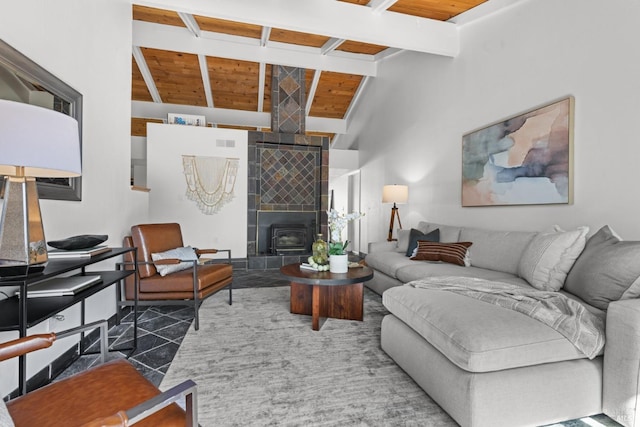 living room featuring visible vents, lofted ceiling with beams, and wooden ceiling