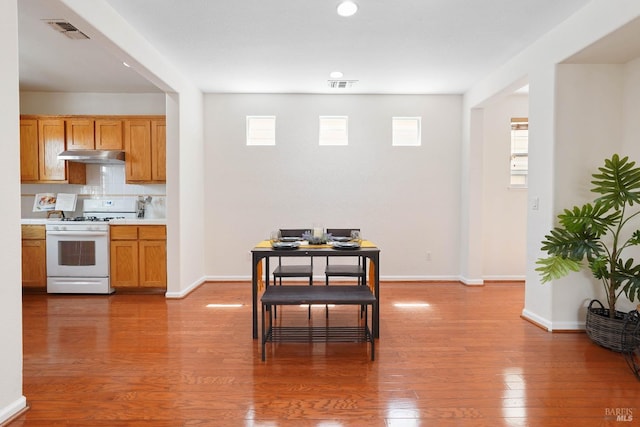 1606 Chamberlain Dr, Fairfield, CA 94533 - kitchen with white gas range, visible vents, light countertops, baseboards, and under cabinet range hood