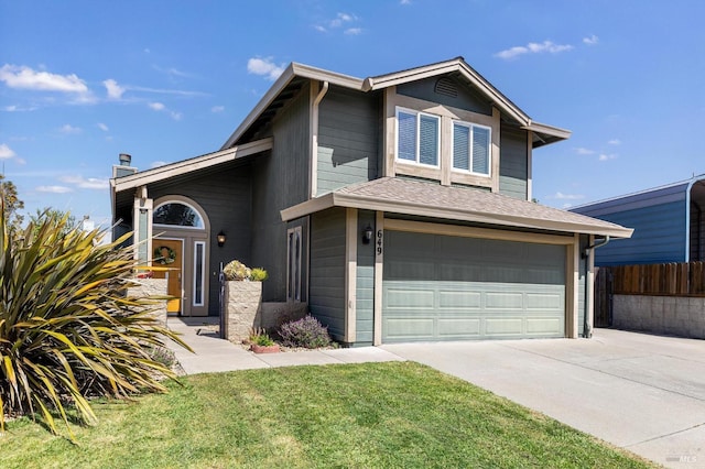view of front of house featuring a front lawn, driveway, an attached garage, and fence