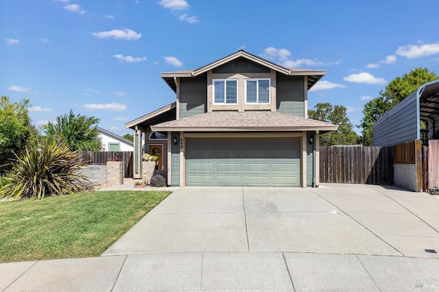 traditional home with fence, concrete driveway, a front lawn, and a garage