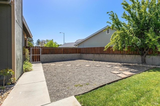 view of yard with a gate and a fenced backyard