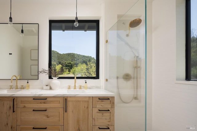 bathroom with double vanity, a sink, a walk in shower, and a wealth of natural light