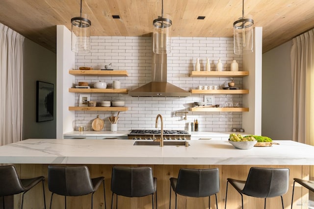kitchen with backsplash, open shelves, light stone countertops, and wooden ceiling