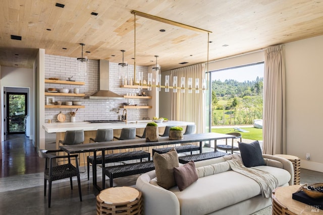 living area with wood ceiling and visible vents