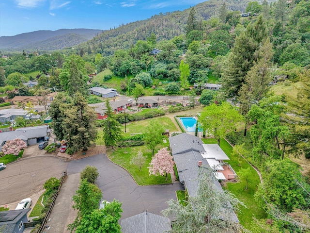 aerial view with a mountain view and a wooded view
