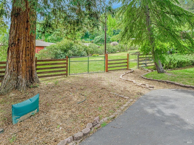 view of gate featuring fence and a yard
