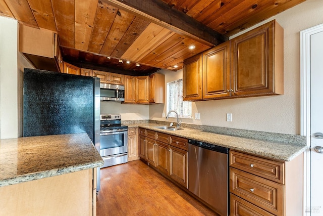 kitchen featuring a sink, light wood finished floors, wooden ceiling, and stainless steel appliances