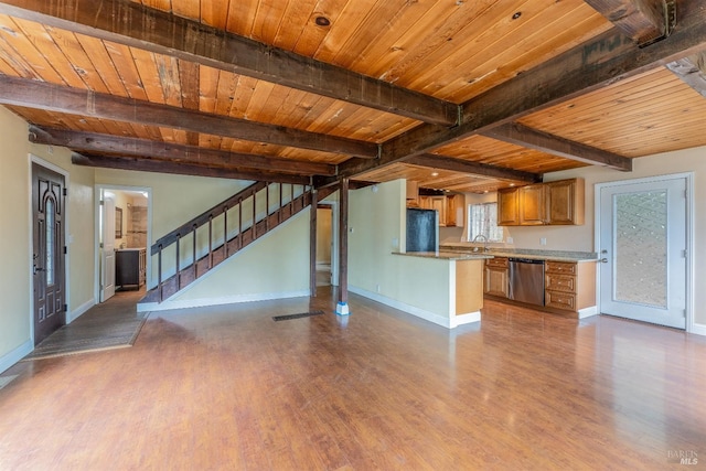 unfurnished living room with wood ceiling, baseboards, dark wood-style floors, and beam ceiling
