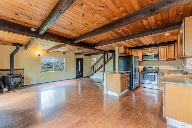kitchen featuring a sink, stainless steel appliances, open floor plan, wooden ceiling, and wood finished floors
