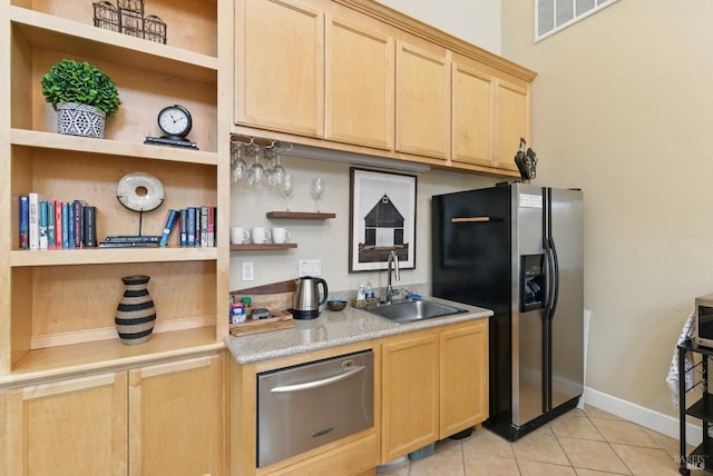401 N Ave Unit 310, San Rafael, CA 94903 - kitchen featuring open shelves, light brown cabinetry, stainless steel refrigerator with ice dispenser, a sink, and a warming drawer