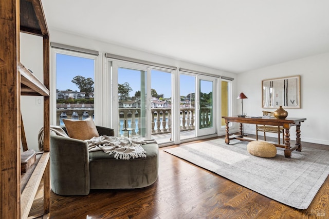 18 Egret Way, Mill Valley, CA 94941 - office area featuring wood finished floors, a water view, and baseboards