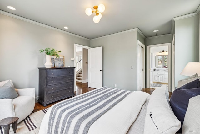 18 Egret Way, Mill Valley, CA 94941 - bedroom featuring crown molding, recessed lighting, ensuite bath, and dark wood-type flooring