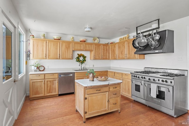 kitchen with light wood finished floors, range hood, a sink, stainless steel appliances, and light brown cabinetry