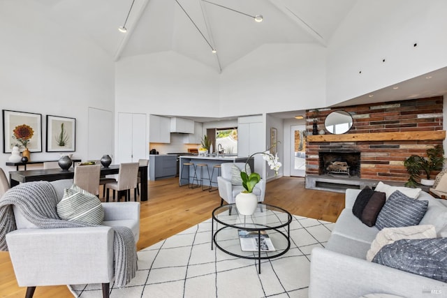 28 Timothy Ave, San Anselmo, CA 94960 - living area featuring light wood-style floors, high vaulted ceiling, a fireplace, and attic access