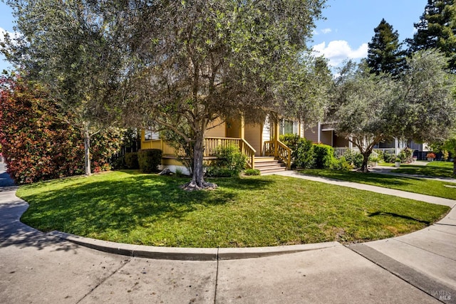 obstructed view of property with covered porch and a front yard