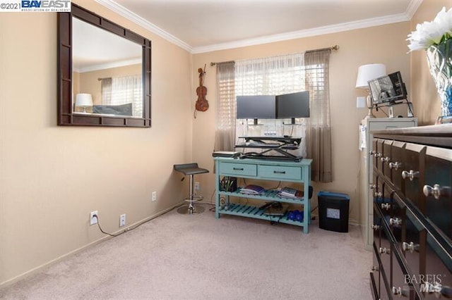 14375 Doolittle Dr, San Leandro, CA 94577 - living area with crown molding, plenty of natural light, carpet floors, and baseboards