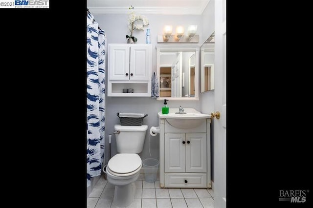 14375 Doolittle Dr, San Leandro, CA 94577 - full bath with crown molding, vanity, tile patterned flooring, toilet, and a shower with shower curtain