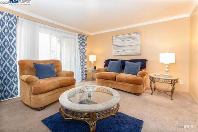 14375 Doolittle Dr, San Leandro, CA 94577 - carpeted living room featuring crown molding and baseboards