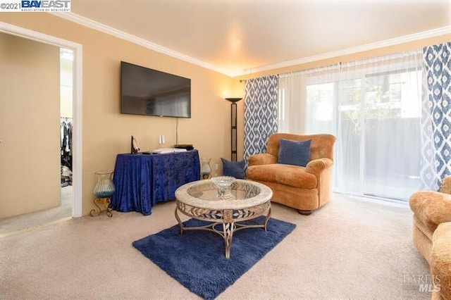 14375 Doolittle Dr, San Leandro, CA 94577 - carpeted living area featuring ornamental molding