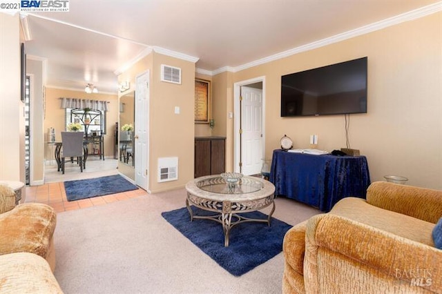 14375 Doolittle Dr, San Leandro, CA 94577 - tiled living area with ornamental molding and carpet flooring