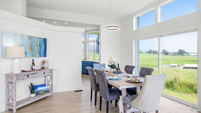 dining room with baseboards, light wood-type flooring, visible vents, and a wealth of natural light