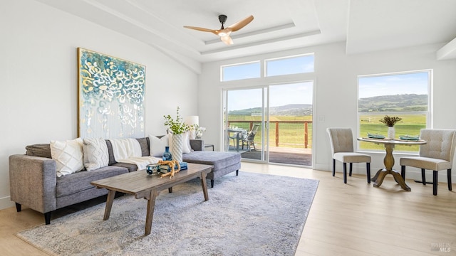 living area featuring a raised ceiling, ceiling fan, and wood finished floors