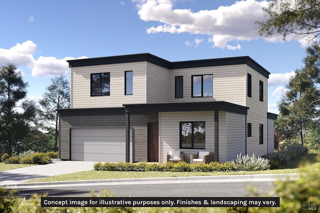contemporary home with driveway and a garage