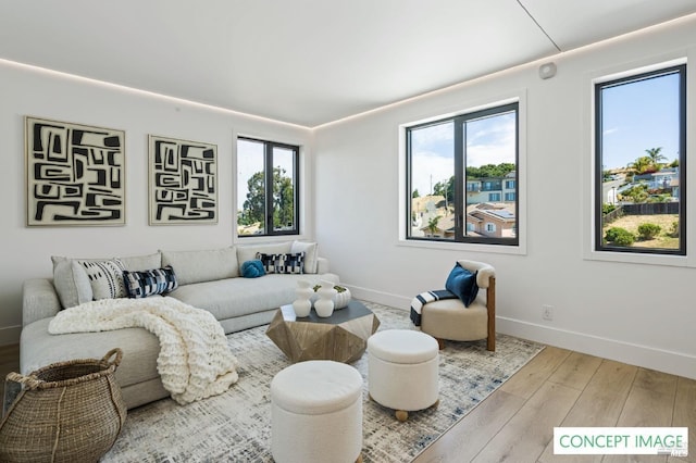 living area featuring wood finished floors and baseboards