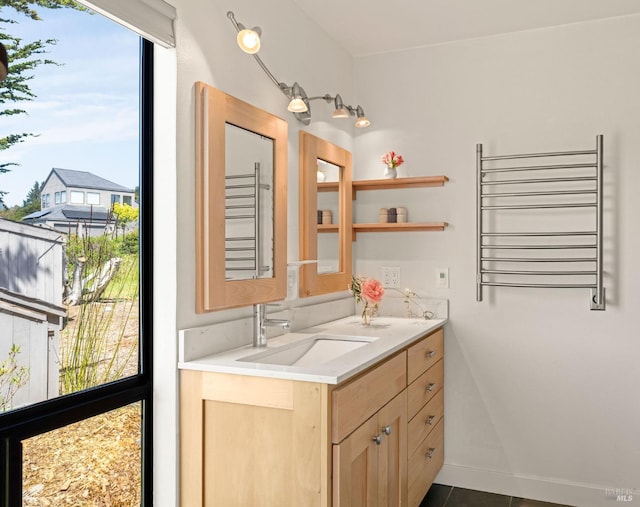 bathroom with radiator, vanity, and baseboards