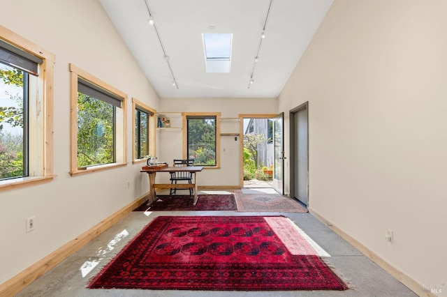 interior space featuring rail lighting, baseboards, and a skylight