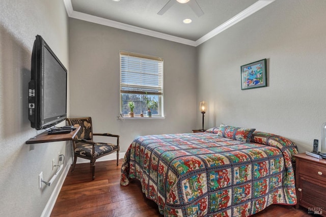 bedroom with hardwood / wood-style floors, ornamental molding, and baseboards